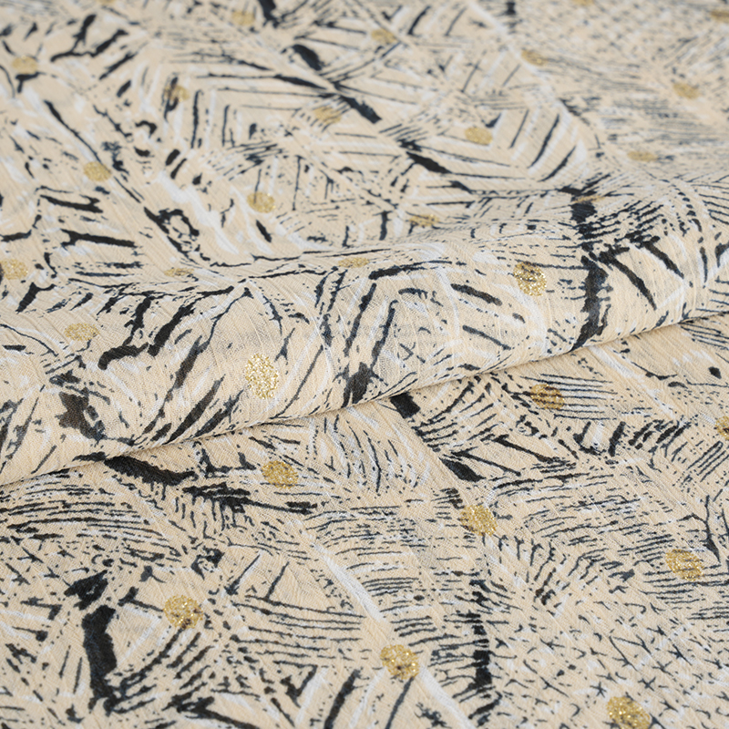 75D šifonová krepová textilie s nepravidelným rozcuchaným zlatým předením